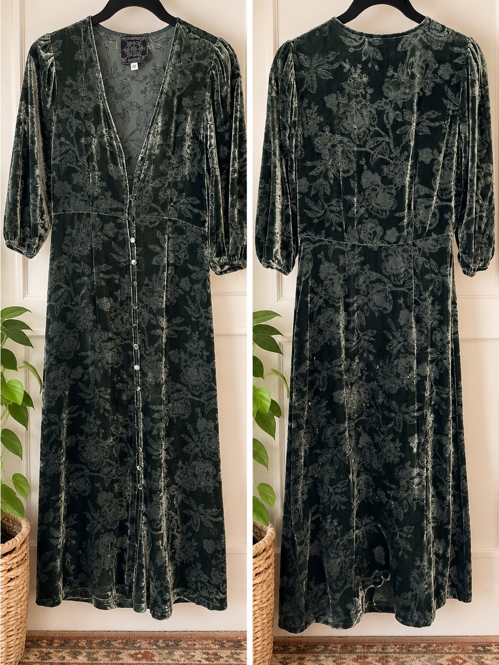 Johnny Was Natalia Silk Velvet Floral Midi Dress Emerald Green XS